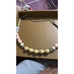 Plunder Statement Chunky Beaded Necklace Pink White Wood Gold Tone Boho